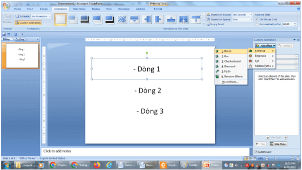 Hãy tạo một slide chứa ba dòng văn bản, gắn với các hiệu ứng để khi nháy chuột (ảnh 2)