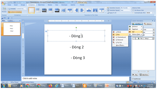 Hãy tạo một slide chứa ba dòng văn bản, gắn với các hiệu ứng để khi nháy chuột (ảnh 3)