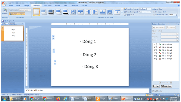 Hãy tạo một slide chứa ba dòng văn bản, gắn với các hiệu ứng để khi nháy chuột (ảnh 4)