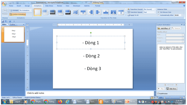 Hãy tạo một slide chứa ba dòng văn bản, gắn với các hiệu ứng để khi nháy chuột (ảnh 1)