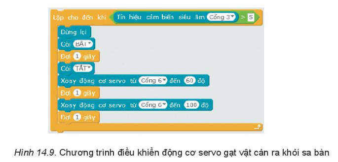 Lập trình robot dọn dẹp vật cản sau khi bật còi báo hiệu và tiếp tục vận chuyển hàng hóa