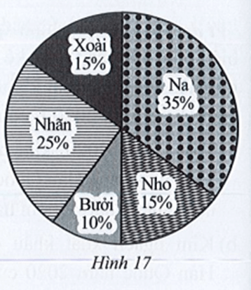 Biểu đồ hình quạt tròn ở Hình 17 biểu diễn kết quả thống kê (tính theo tỉ số phần trăm)