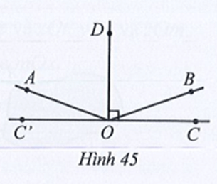 Quan sát Hình 45. Cho OD vuông góc với CC’ tại O, góc AOC bằng 160 độ, góc AOB trừ góc BOC bằng 120 độ