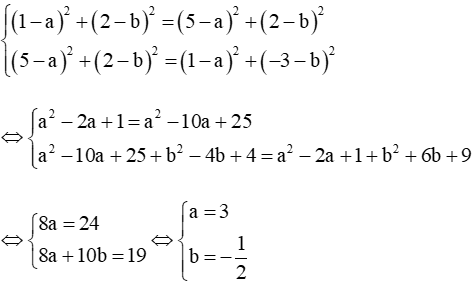 Lập phương trình đường tròn đi qua ba điểm A(1; 2), B(5; 2), C(1; – 3)